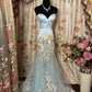 Blue Sweet Elegant Delicate Floral Beaded Long Tulle Mermaid Slim Fit Floor Length Trailing Ball Gown Evening Gown Party Dress nv4131