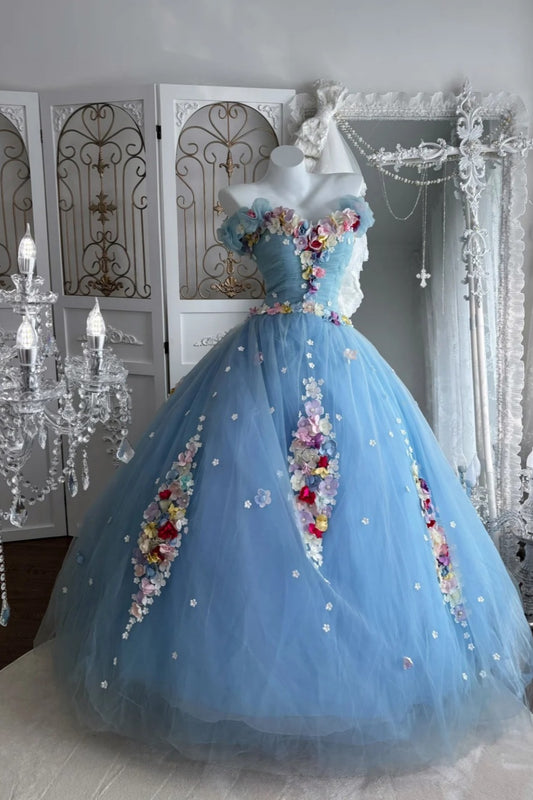 Cinderella's Garden - Light Blue 3D Floral Strapless Gown, Princess Courtly Ball Gown  NV6844