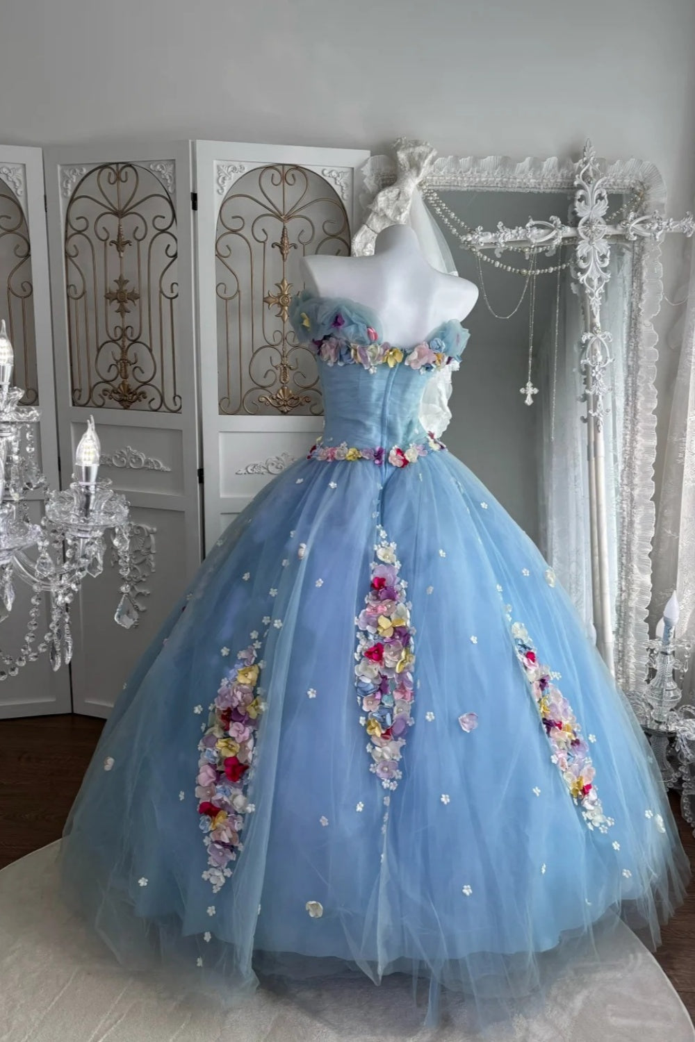 Cinderella's Garden - Light Blue 3D Floral Strapless Gown, Princess Courtly Ball Gown  NV6844