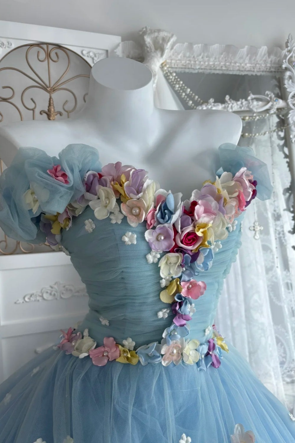 Cinderella's Garden - Light Blue 3D Floral Strapless Gown, Princess Courtly Ball Gown  NV6844