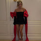 Black Red Bow Ribbon Sleeve Short Dress Mini Evening Dress Party Dress Homecoming Dress nv2742