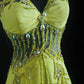 NiceVestidos--Dreamy Handmade Beaded Niche Forest Fairy Tale Nature Art Glam Yellow Green Chiffon Beaded Halter Neck Fitted Long Prom Dress NV5793