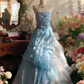 Hellblaues, trägerloses, perlenbesetztes Abendkleid mit Knoten und mehrlagiger Schleppe – Maxikleid für Abendveranstaltungen, Mottopartys und Abschlussbälle (NV6818)