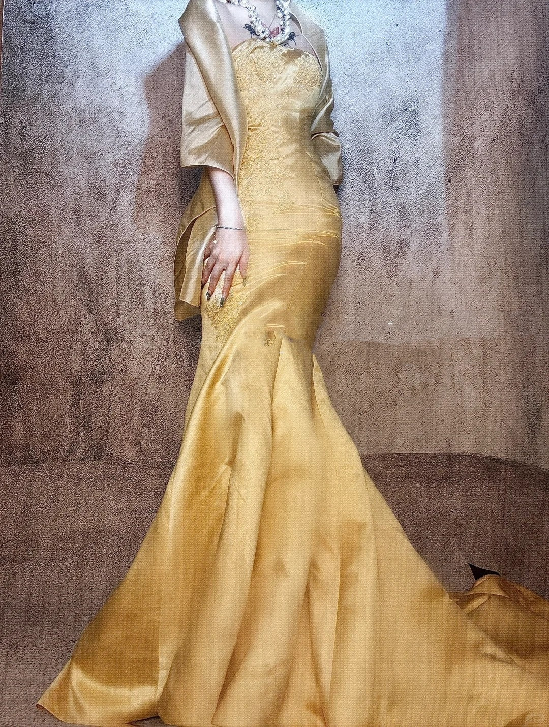 Yellow gorgeous exquisite beaded long satin ball gown evening dress party dress nv4374