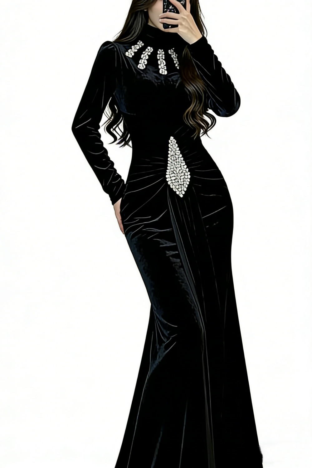 Meerjungfrauen-Abendkleid aus Samt mit hohem Kragen – Elegantes, figurbetontes Abendkleid mit Kristallfransen und Raffungen NV6795