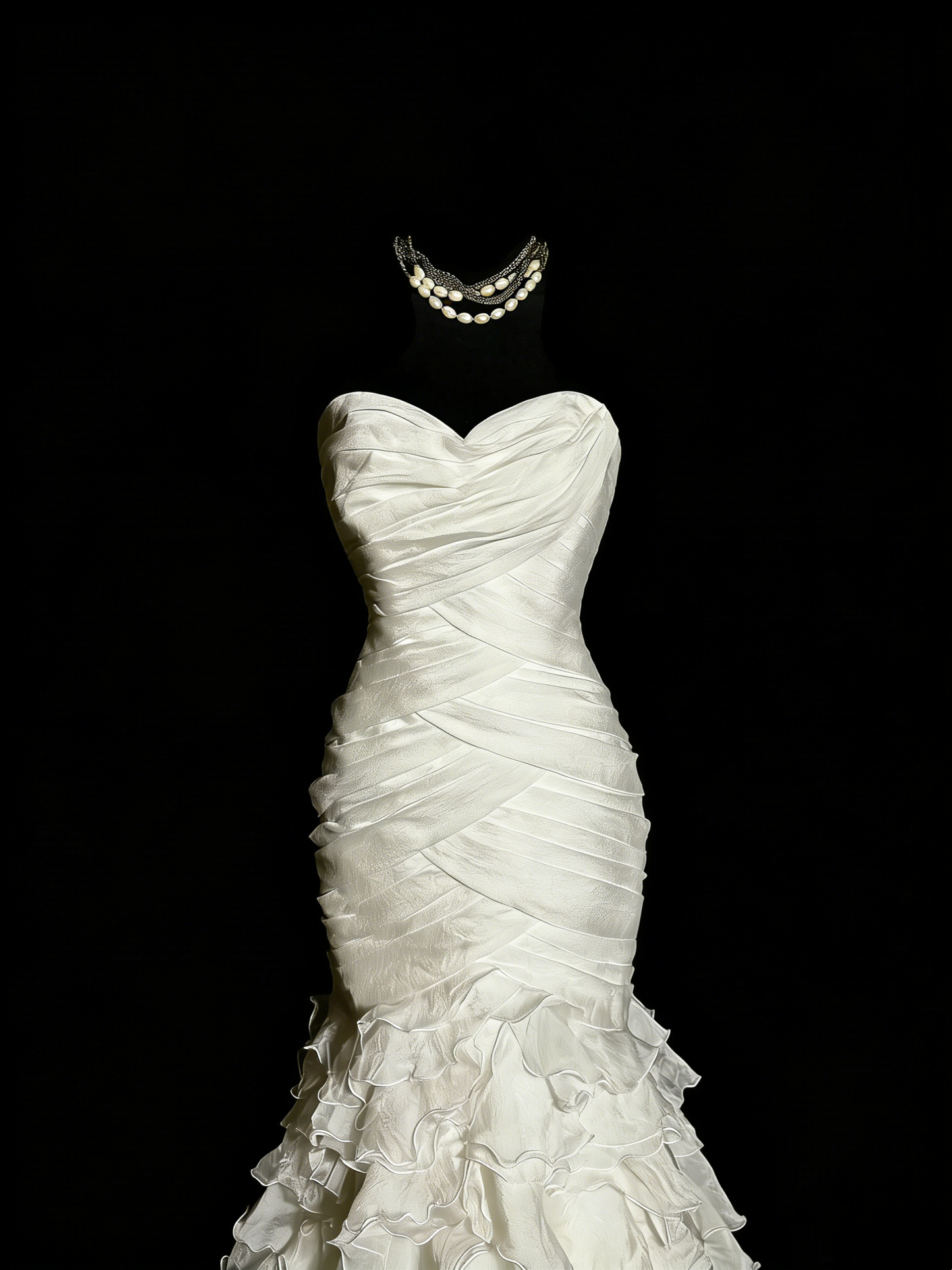 White Strapless Mermaid Gown: Ruched Waist, Ruffled Layers, Court Wedding Style NV6398