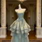 Mint Green Shimmer Organza Thin Spaghetti Strap Gown - Sweet Ethereal Asymmetric Layered Dress  NV6785