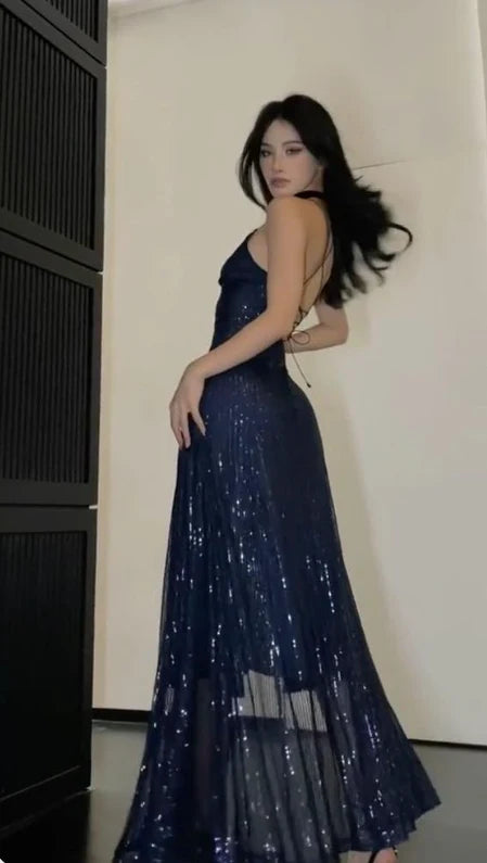 Navy Blue Fashion Elegant Low Cut V Neck Sequined Long Tulle Slit Evening Dress Prom Party Dress nv2609