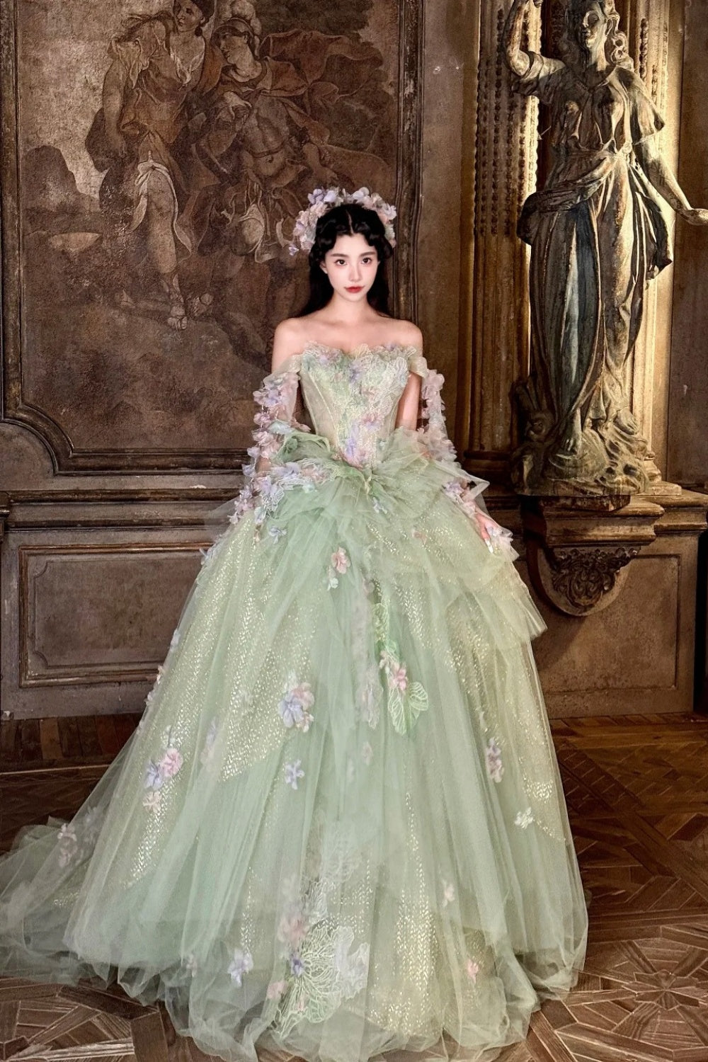 Green, gorgeous, delicate floral long tulle ball gown NV6642