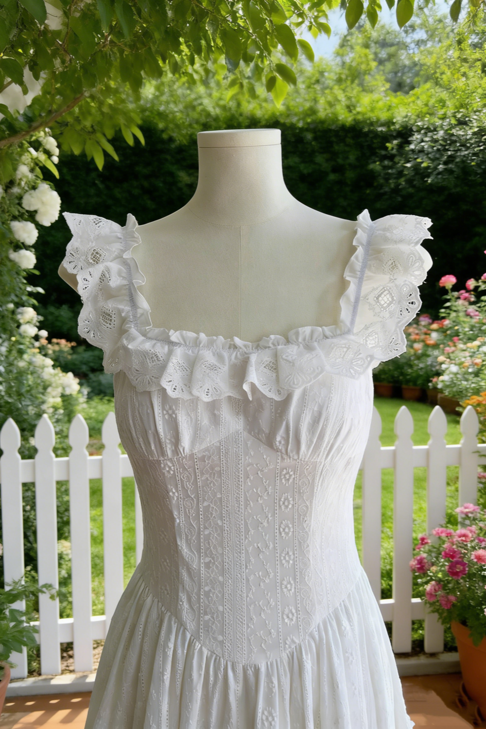 Robe longue trapèze multicouches en dentelle blanche à manches papillon - Style délicat, idéale pour un rendez-vous ou un thé de l'après-midi NV6784