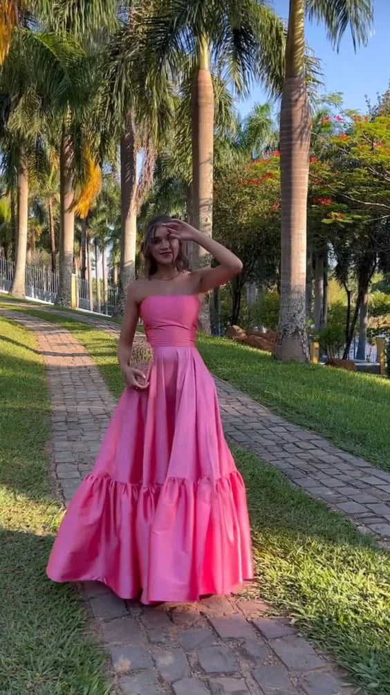 Cute Elegant Pink A-Line Off Shoulder Long Satin Prom Dress Evening Gown Party Dress Birthday Dress Simple nv2406