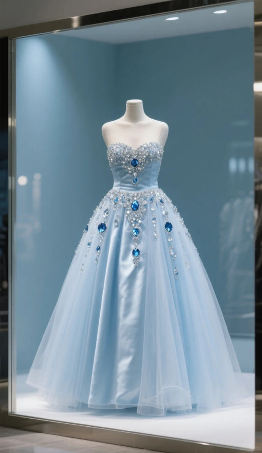 Blue elegant gorgeous rhinestone long princess tulle ball gown evening dress nv4429