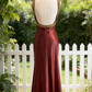 Burgunderfarbenes, ärmelloses Satinkleid mit Herzausschnitt – Vintage-Luxus-Meerjungfrauenkleid mit goldener Perlenstickerei NV6789