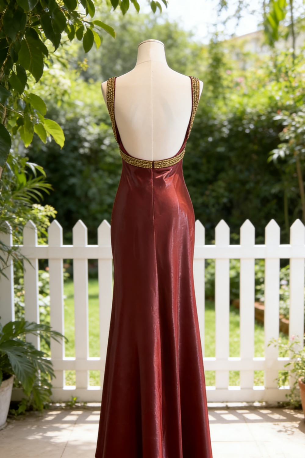 Burgunderfarbenes, ärmelloses Satinkleid mit Herzausschnitt – Vintage-Luxus-Meerjungfrauenkleid mit goldener Perlenstickerei NV6789