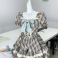NiceVestidos--💕Blue retro homecoming dress with hazelnut latte plaid lace collar, bow tie, V-shaped lace waist and tie-backs. American retro tutu skirt plaid pattern, millennial sweet and elegant. NV5667