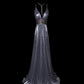Moonlight Silver Fashion Elegant V-neck Exquisite Beading Long Satin Floor Length Train Ball Gown Evening Gown Prom Gown Party Dress nv3868