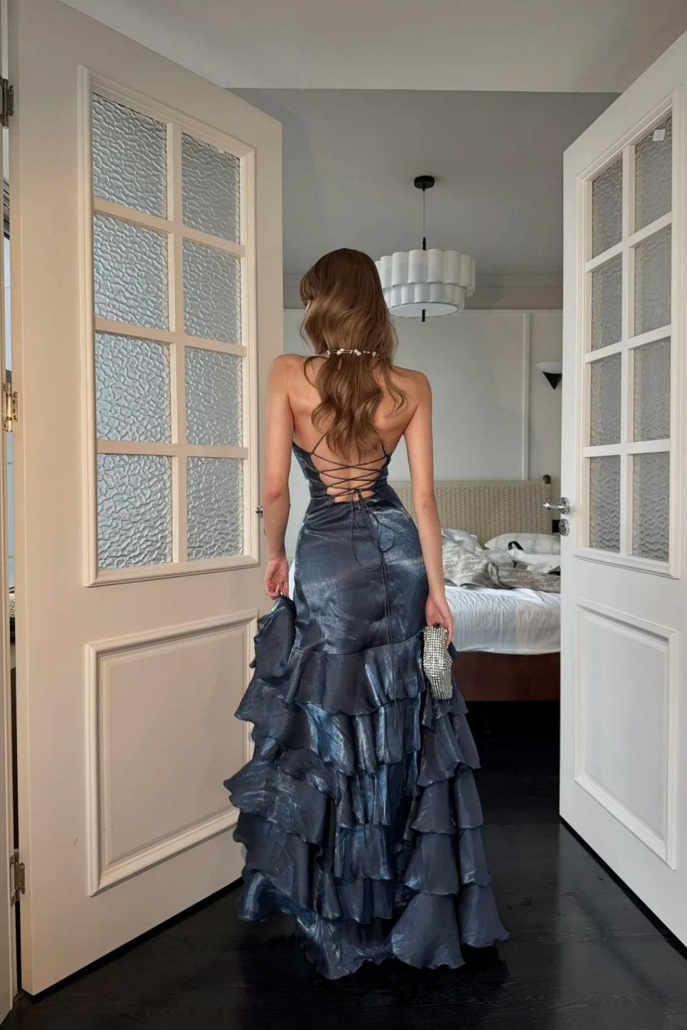 Navy blue fashionable long satin Prom dress NV6574