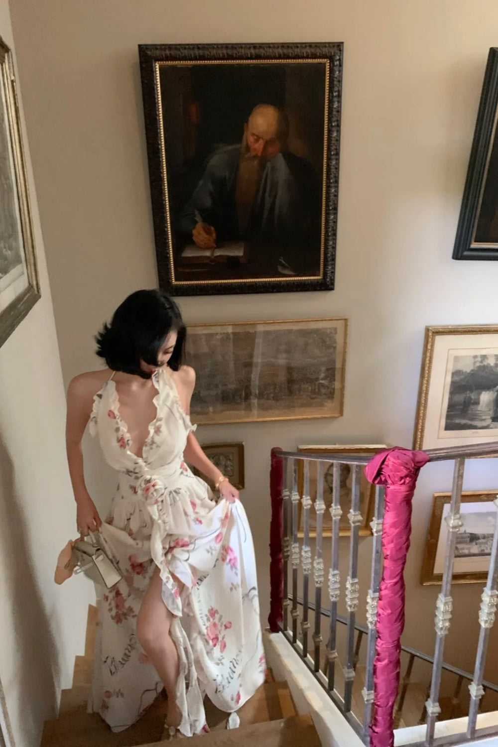 Neckholder-Abendkleid mit Rosenmuster im französischen Stil: Rückenfreies Maxikleid, Feenkleid für den Urlaub NV6403