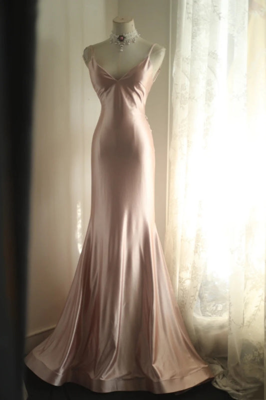 Dusty Rose Moonlight - Satin Deep V Backless Lace-up Mermaid Gown, Elegant Train Evening Dress NV6855
