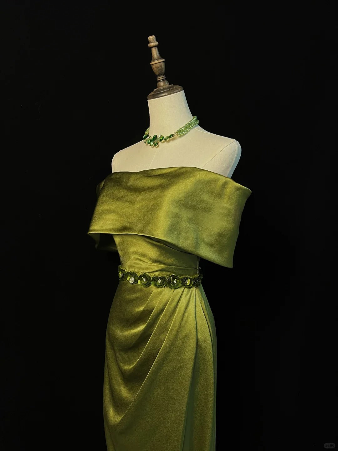 Olive Green Beaded Satin Long Ball Gown Evening Dress nv4274