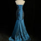 Blue Strapless Ruched Mermaid Gown with Satin Sheen & Jewel Brooch NV6871