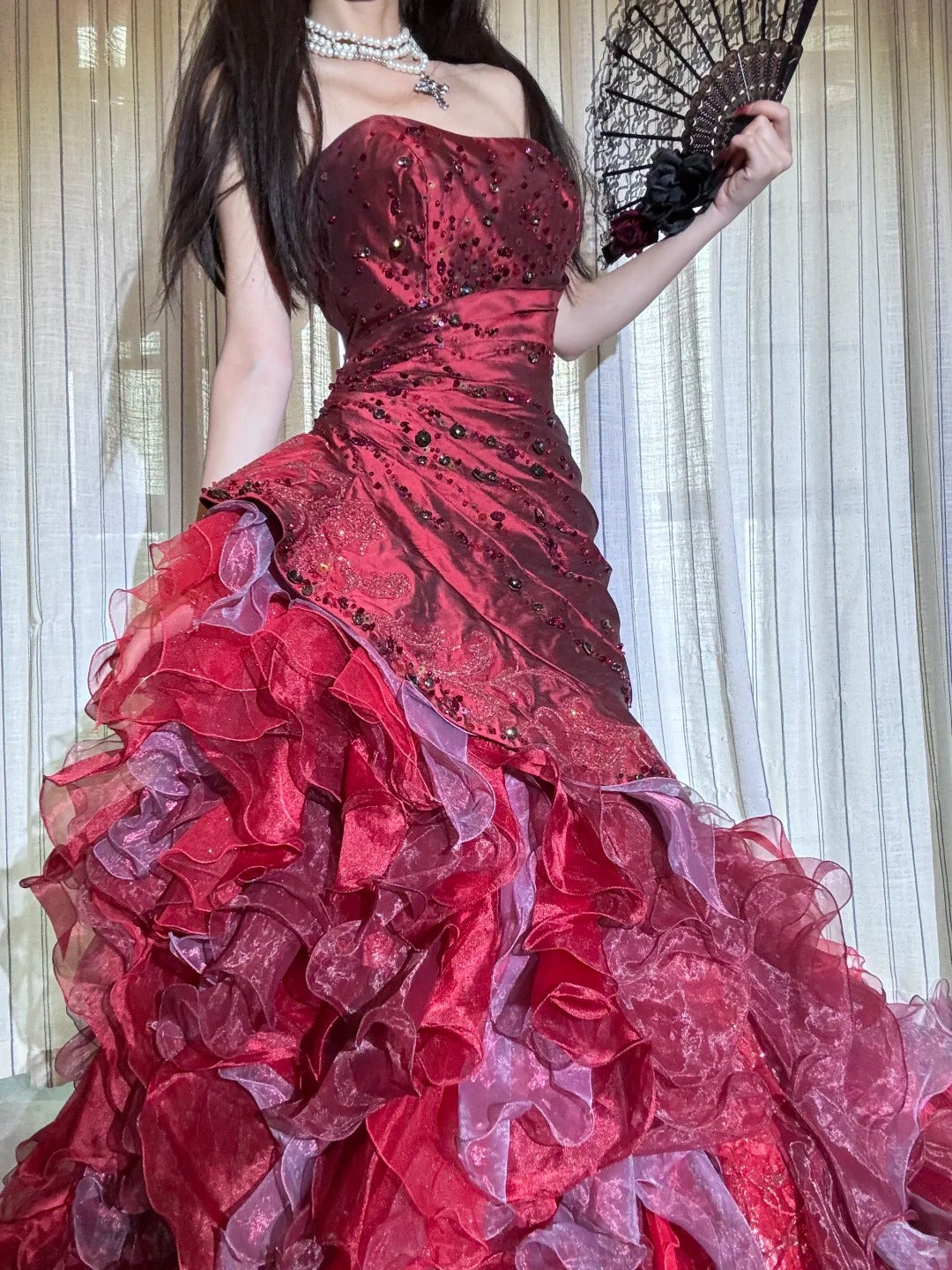 Red luxurious and gorgeous long chiffon ball dress princess dress NV6727