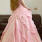 Pink Floral Elegant Tiered Long Tulle Ball Gown Evening Dress nv5019