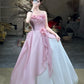 Sweet Element Style Strapless Sleeveless Gown | Pink-White Paneled Tulle 3D Flower Ballgown Maxi Dress for Engagement Luxury Dinner Garden Party NV6273