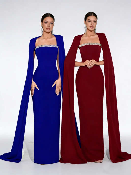 Matte Strapless Mermaid Statement Dress - Crystal Cape Sleeve High-End Evening Gown NV6801