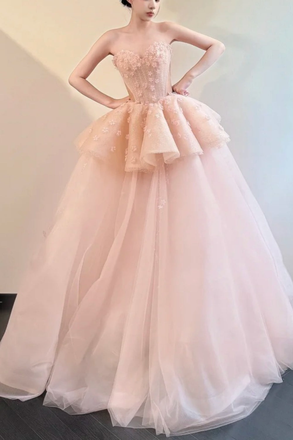 Pink shiny floral long chiffon ball dress princess dress NV6741