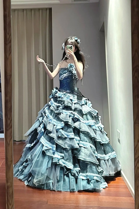 NiceVestidos--Blue vintage exquisite beaded long multi-layer tulle ball gown princess 16th birthday dress fairy tale sea daughter NV5666