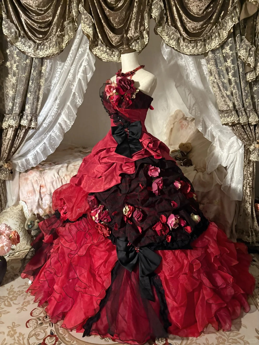 Red floral lace tulle floor-length ball gown nv5170