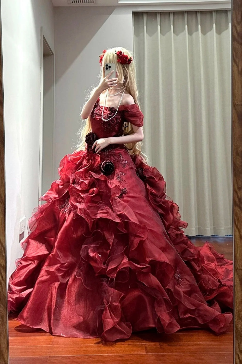 Red, delicately beaded, long tulle ball gown NV6662