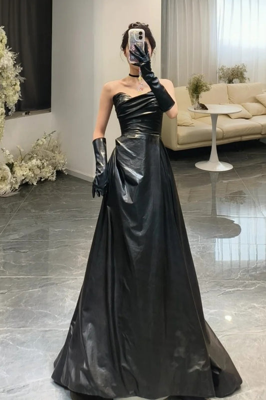 NiceVestidos--Dark Elegance Style：Lacquered Leather Strapless Sleeveless Floor - Length Social Dress NV5820