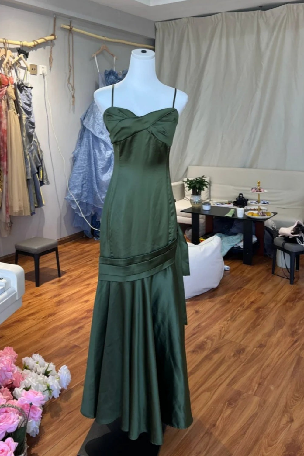 Green long elegant satin Prom dress NV6650