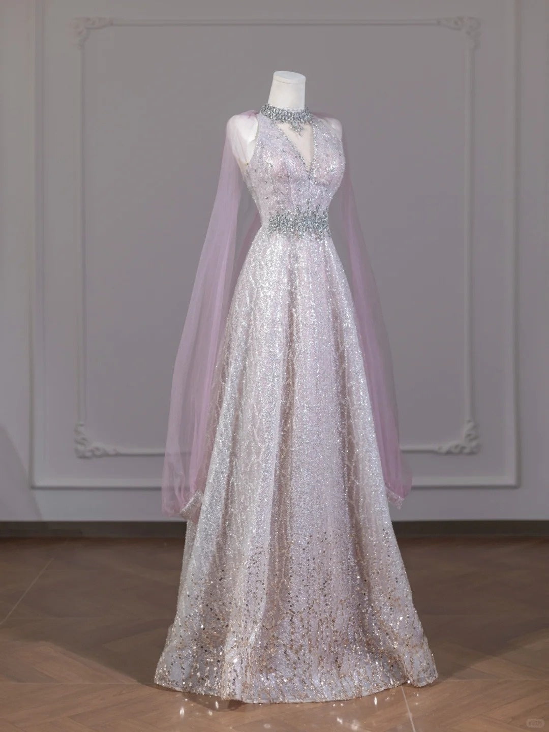 Pink Sparkling Beaded Long Sequined Tulle Prom Dress nv4969