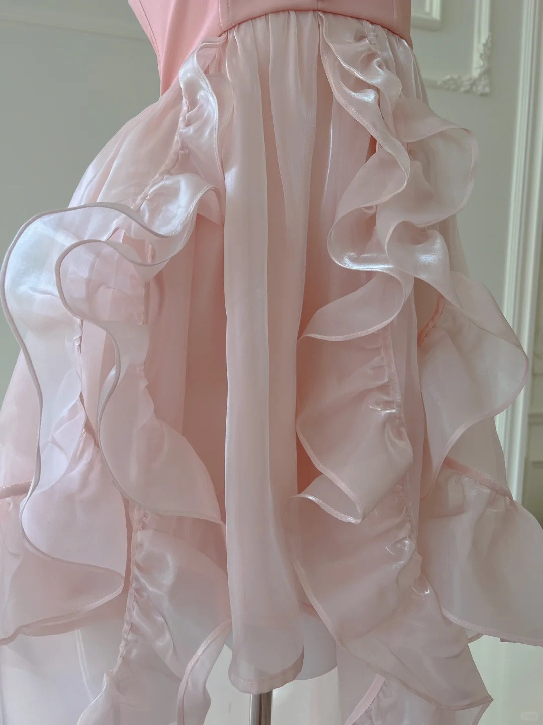 Pink Beaded Halter Elegant Long Ruffle Chiffon Ball Gown Evening Dress Party Dress nv4186