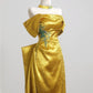 Gold Applique Elegant Long Satin Prom Dress Evening Gown nv4954