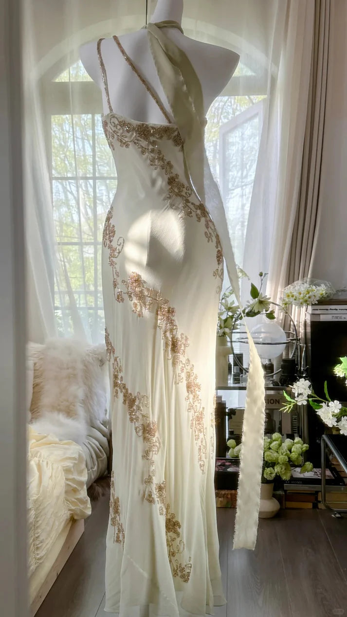 Ivory White Vintage Fashion One Shoulder Exquisite Beaded Long Chiffon Ball Gown Birthday Party Dress Cocktail Party Dress Evening Dress Prom Dress nv4904
