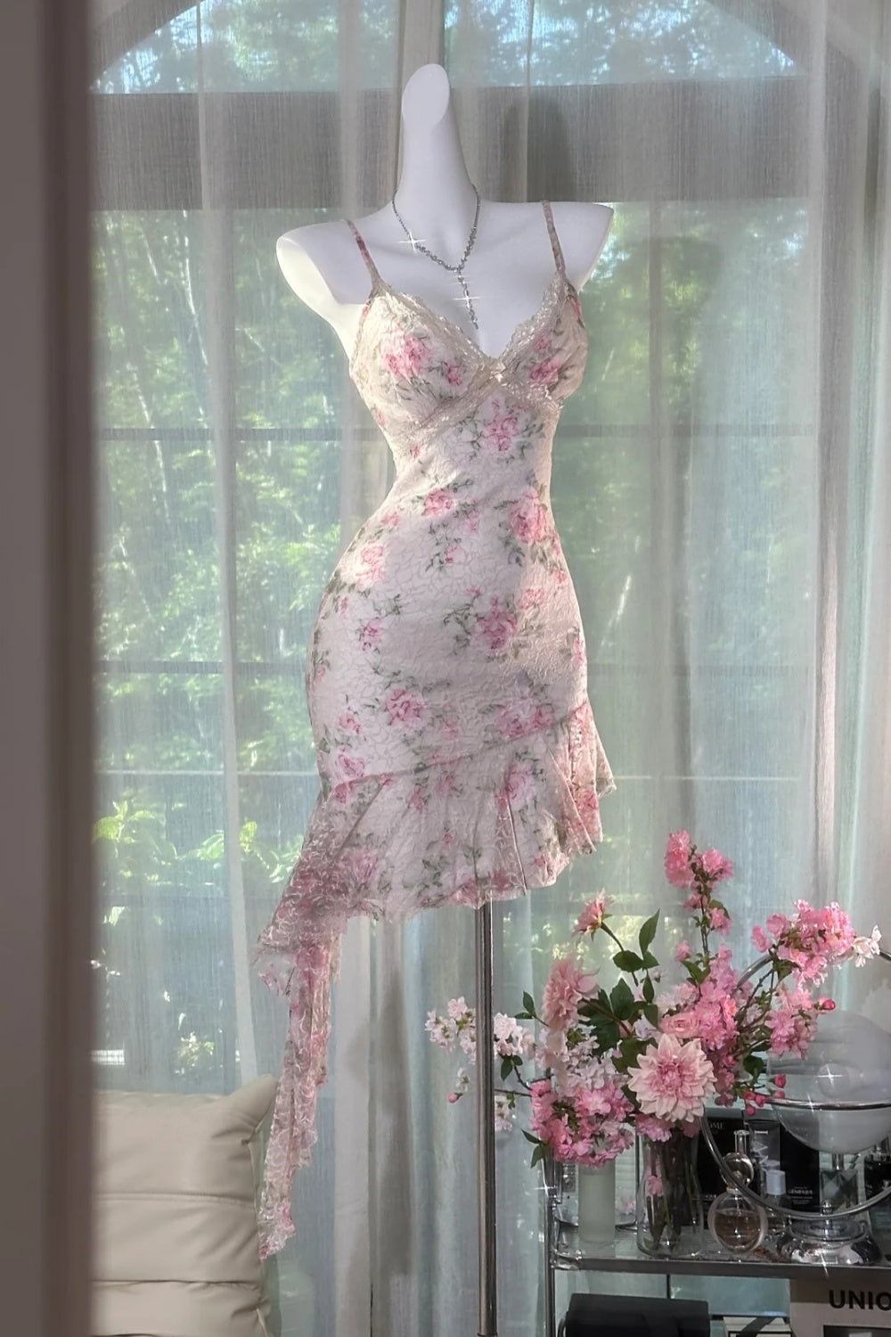 Sweet Floral Lace Dress, Sleeveless Spaghetti Strap Party Dress  NV6885