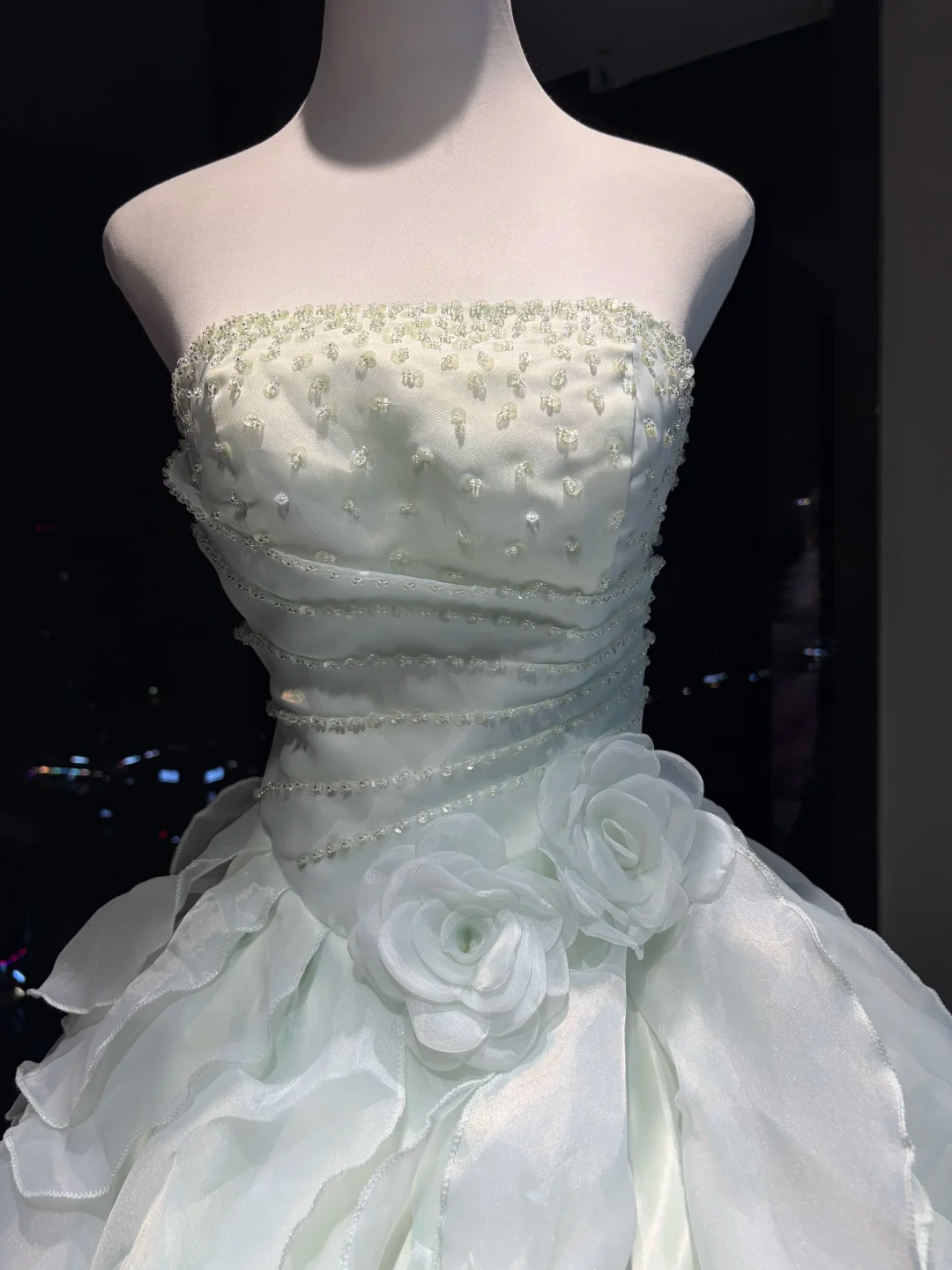 Light Mint Strapless Ball Gown Beaded Ruched 3D Rose Ruffle Organza Formal Dress  NV6960