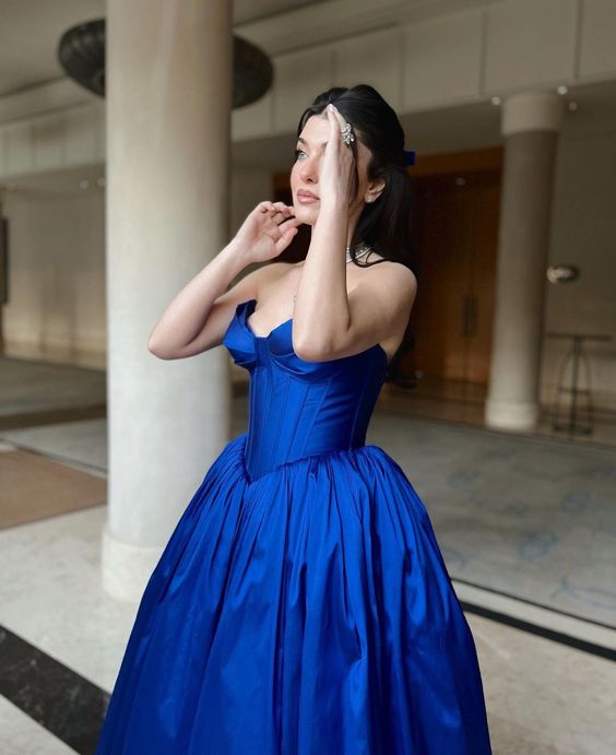 Blue stylish elegant off-the-shoulder long impressive ball gown party dress evening dress ribbons galore dress to impress nv2578