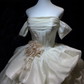 Cream 3D Rose Satin Tulle Long Evening Gown Strapless Puffy Ball Gown Prom Dress  NV7068