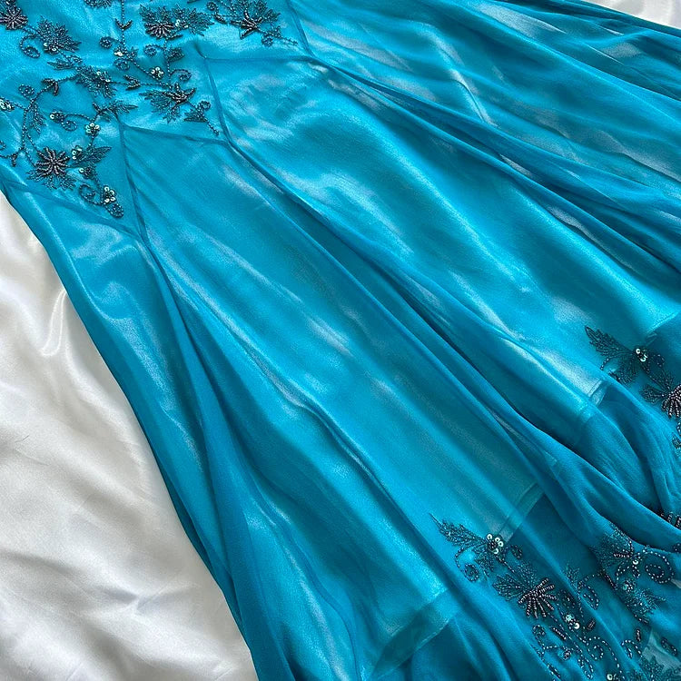 Blue fashion elegant delicate beading spaghetti straps long chiffon elegant ball gown evening dress party dress nv3681