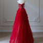 NiceVestidos--Red Spaghetti - Strap Beaded Tulle Gown, Romantic Layered Train Banquet Dress NV5758
