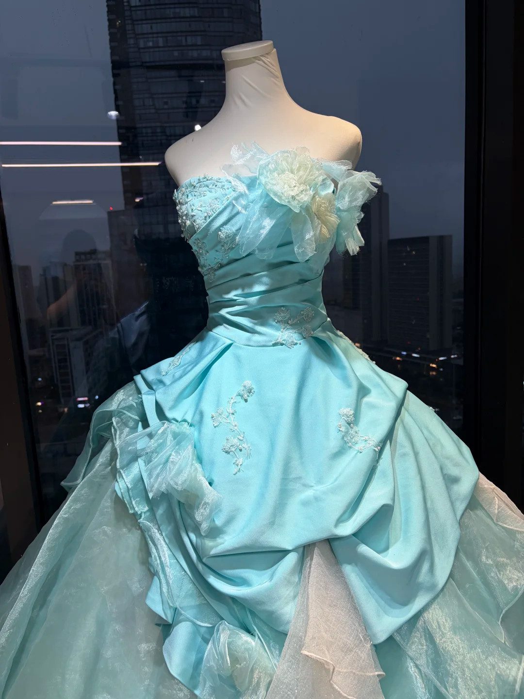 Ice Blue Strapless Princess Ball Gown Beaded Embroidery 3D Flower Ruched Satin Tiered Organza Long Evening Gown  NV7001
