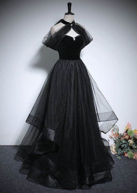 Black chic beautiful black pearl rhinestone ball gown A-line/princess high collar sleeveless backless floor-length/long ball formal dress evening dress nv2643