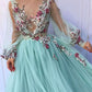 Turquoise Ball Gown Applique Lace Long Sleeve A-Line Floor Length Fairy Evening Gown nv2896