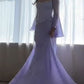 NiceVestidos--Dreamy Goddess Style Lavender Chiffon Long Flared Sleeve Extra-Long Evening Dress NV5795