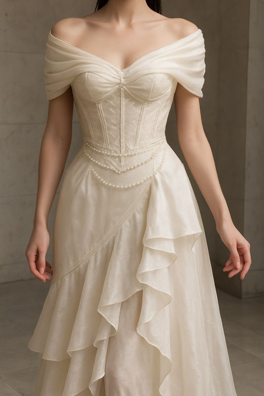 NiceVestidos – Vintage Beige schulterfreies, perlenbesetztes, elegantes langes Rüschenkleid NV5907